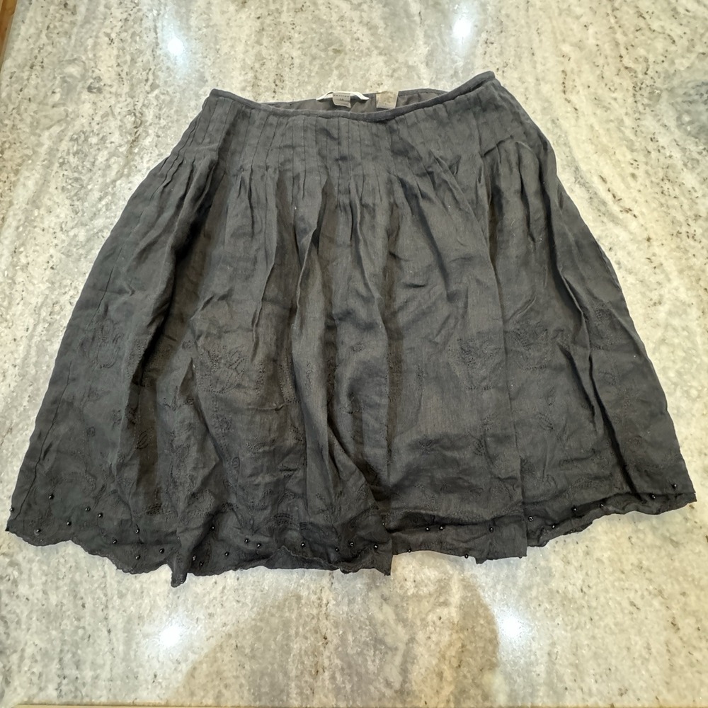 Peter Nygard Mini Black Linen Skirt 34" Sz 14P Embroidered Beaded Boho Cottage